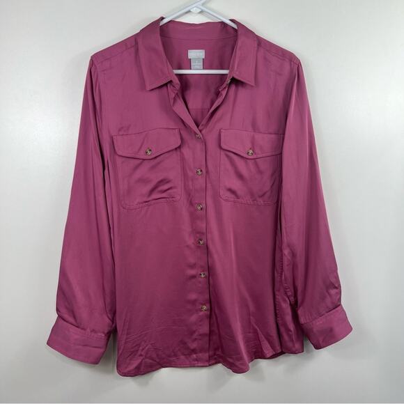 Chico's Sandwashed Satin Shirt 100% Modal Size 16/18 Pinkish Purple Button Up - Picture 9 of 10